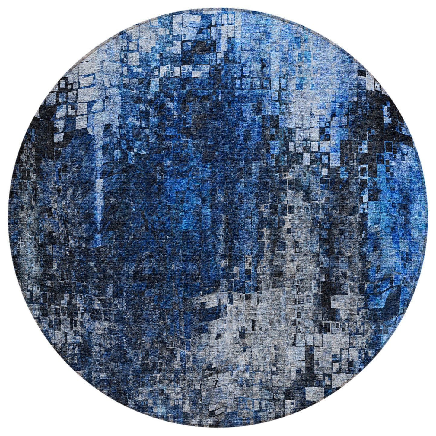 8' Navy Blue And Denim Blue Round Abstract Washable Indoor Outdoor Area Rug-1