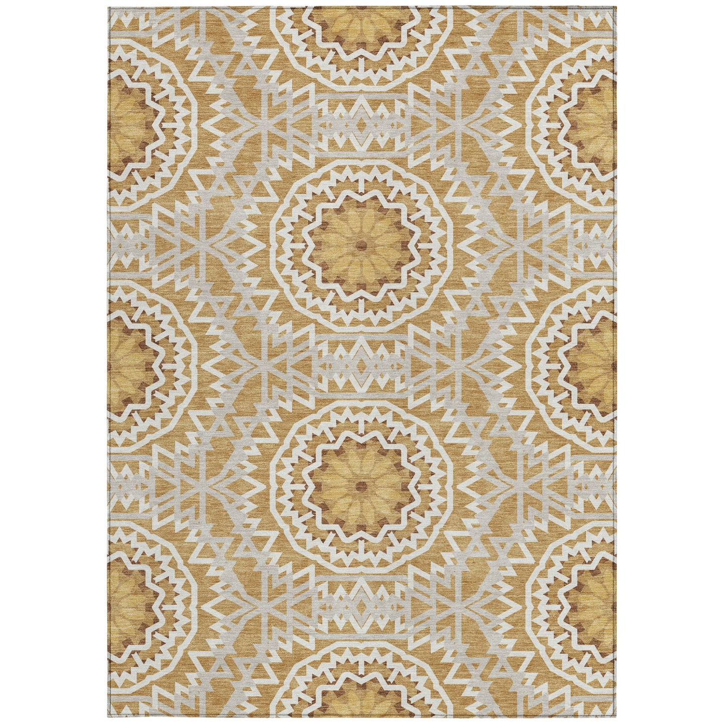 5' X 8' Gold Gray And Ivory Floral Medallion Washable Indoor Outdoor Area Rug-5