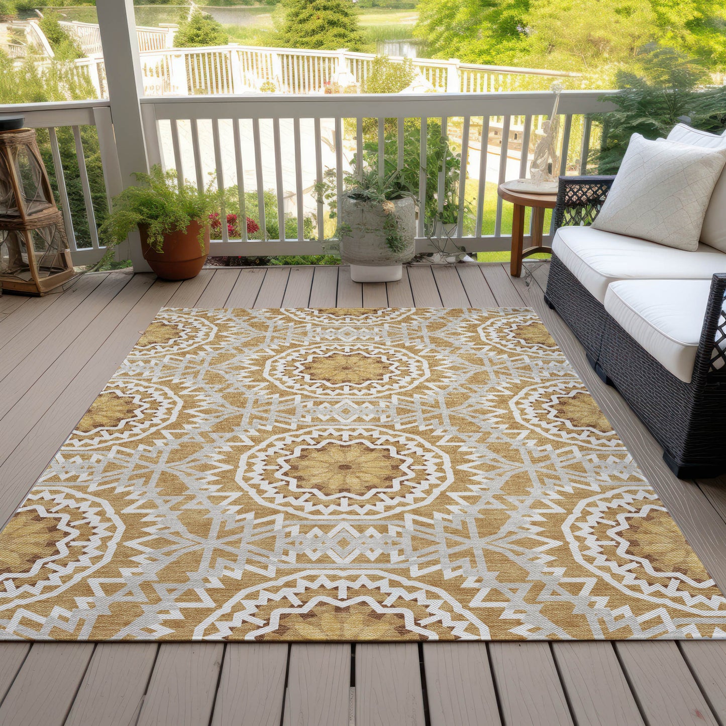 5' X 8' Gold Gray And Ivory Floral Medallion Washable Indoor Outdoor Area Rug-6
