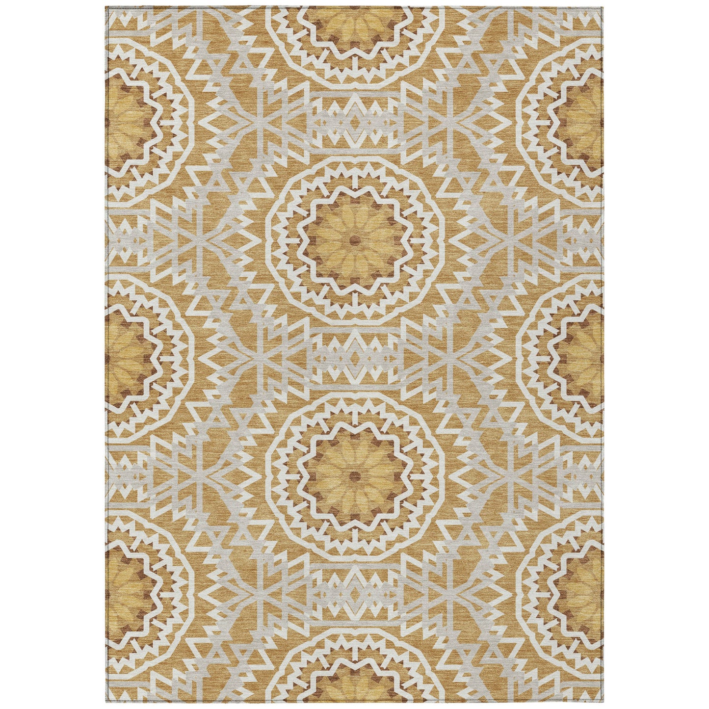 5' X 8' Gold Gray And Ivory Floral Medallion Washable Indoor Outdoor Area Rug-1