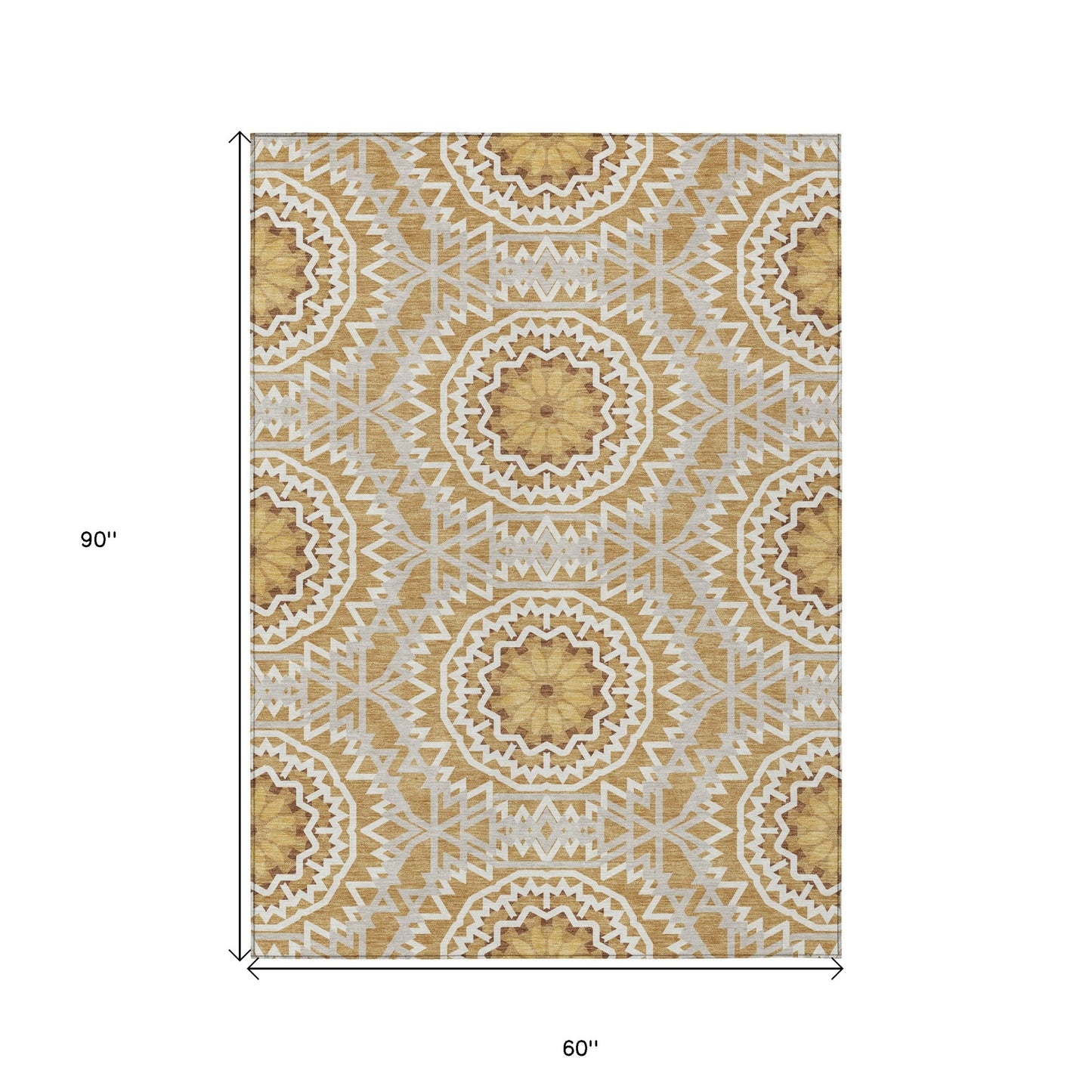 5' X 8' Gold Gray And Ivory Floral Medallion Washable Indoor Outdoor Area Rug-2