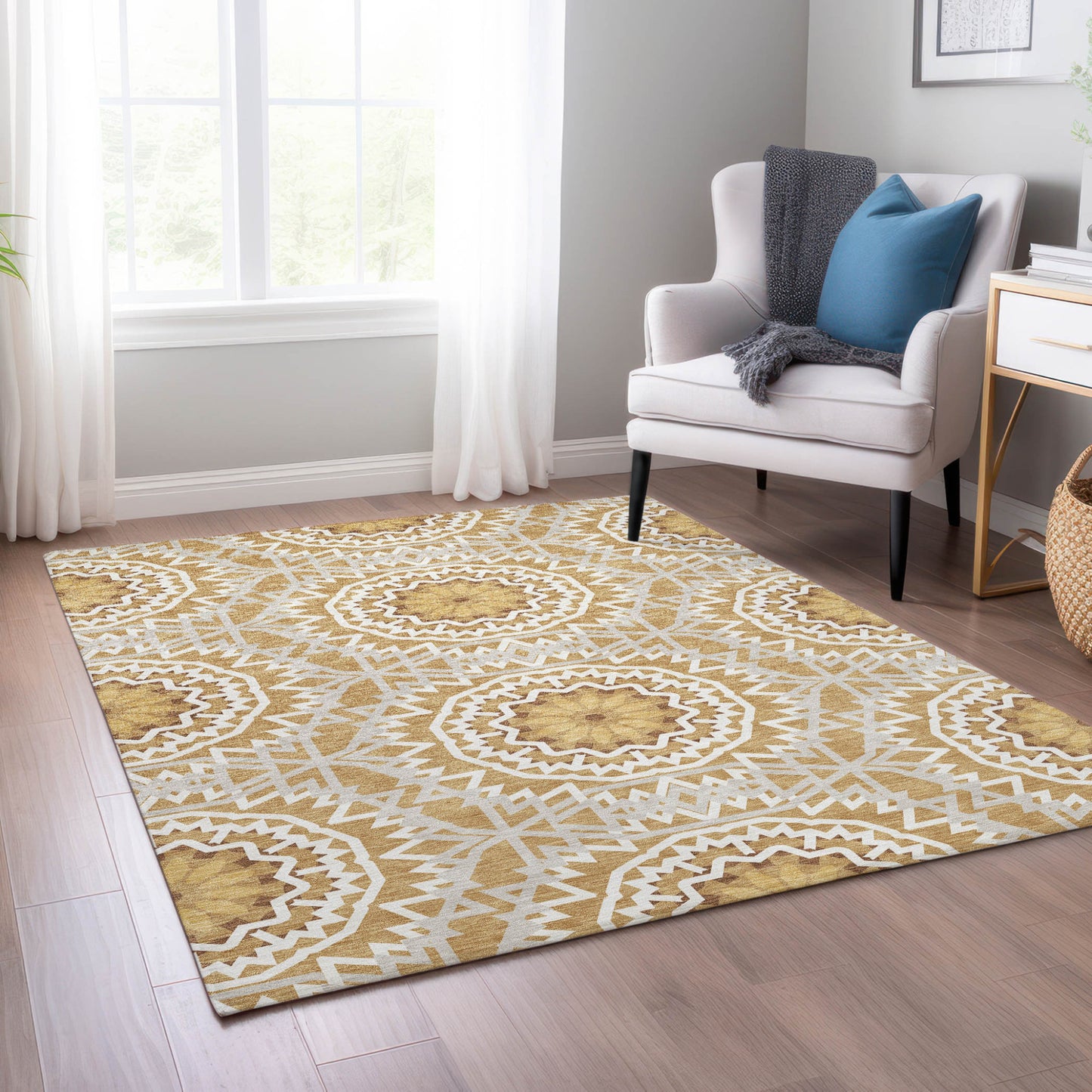 5' X 8' Gold Gray And Ivory Floral Medallion Washable Indoor Outdoor Area Rug-7