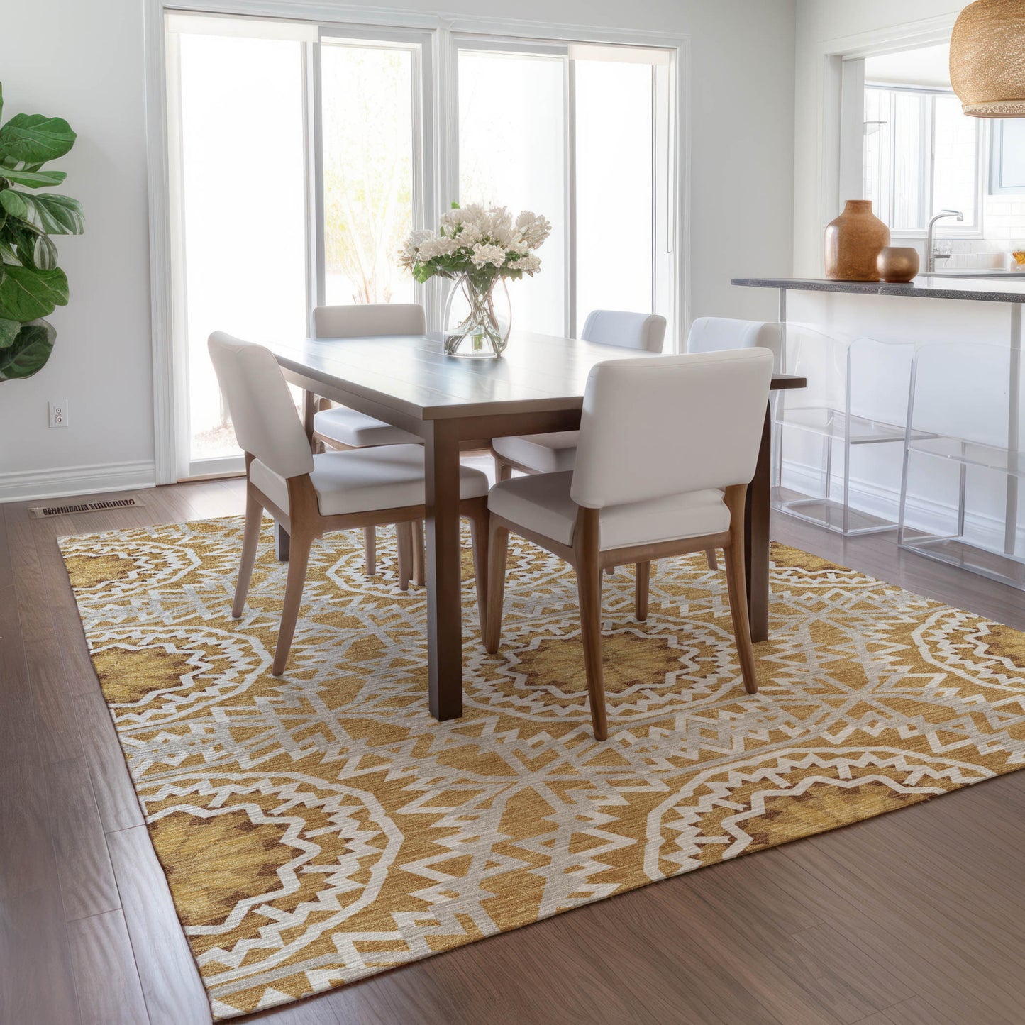 5' X 8' Gold Gray And Ivory Floral Medallion Washable Indoor Outdoor Area Rug-8