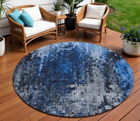 8' Navy Blue And Denim Blue Round Abstract Washable Indoor Outdoor Area Rug-0