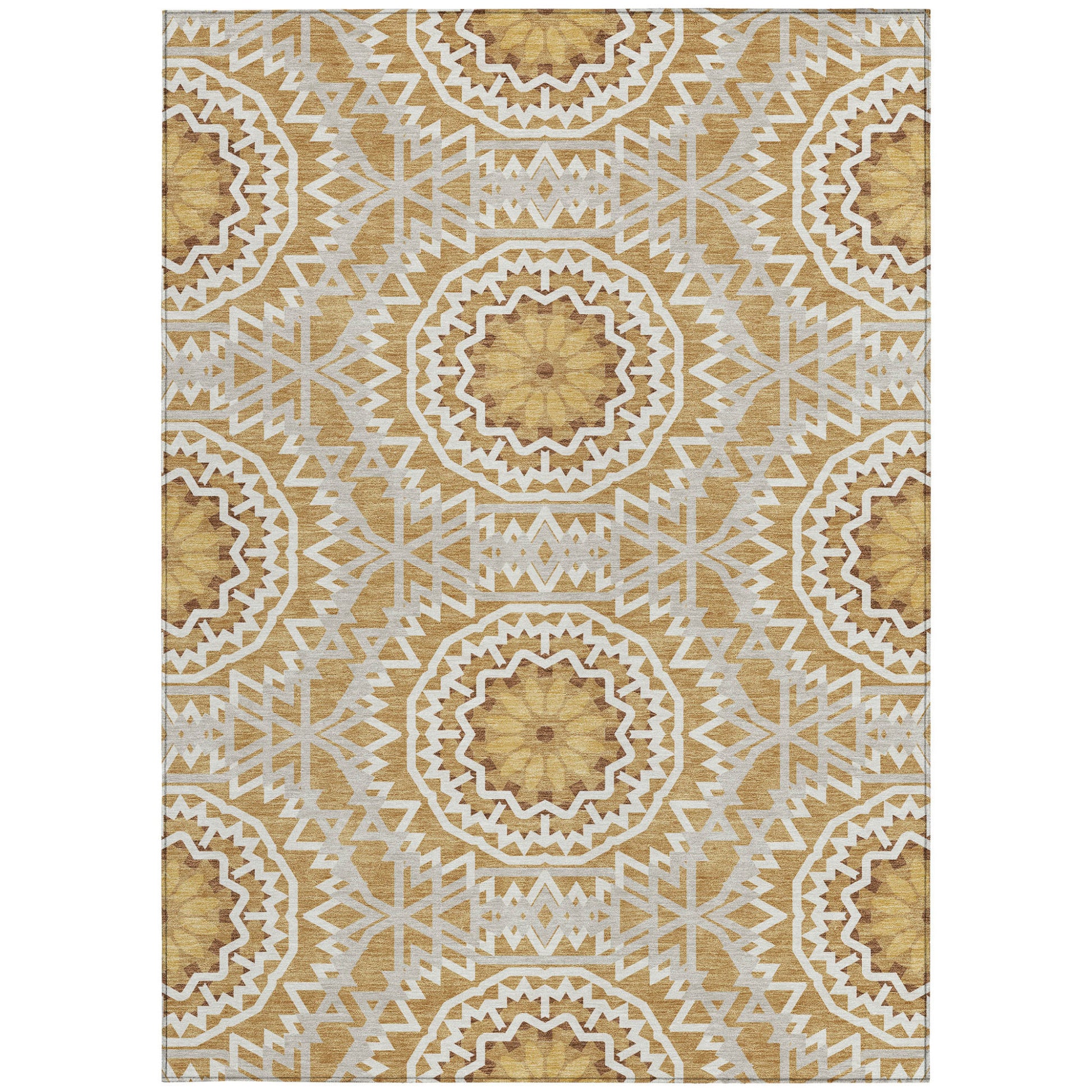 5' X 8' Gold Gray And Ivory Floral Medallion Washable Indoor Outdoor Area Rug-5