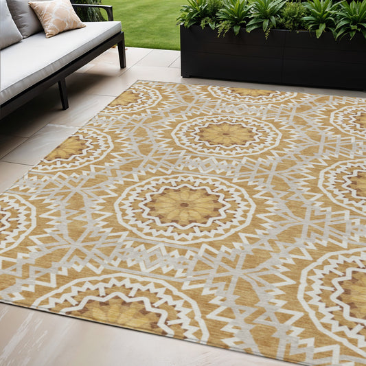 5' X 8' Gold Gray And Ivory Floral Medallion Washable Indoor Outdoor Area Rug-0