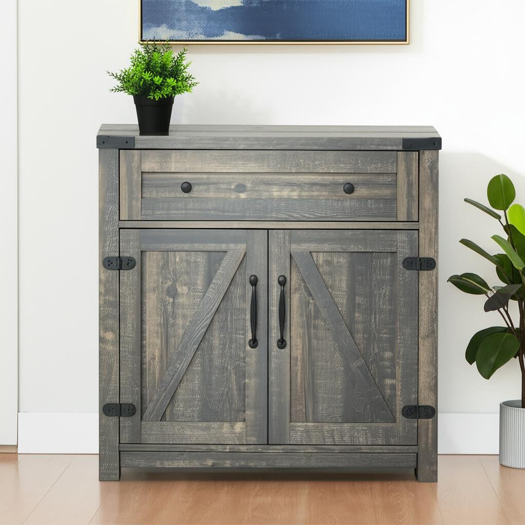 32" Light Brown Wood Accent Cabinet With Two Doors And One Drawer-0