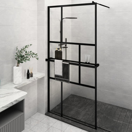 vidaXL Walk-in Shower Wall with Shelf Black 45.3"x76.8" ESG Glass&Aluminum-0