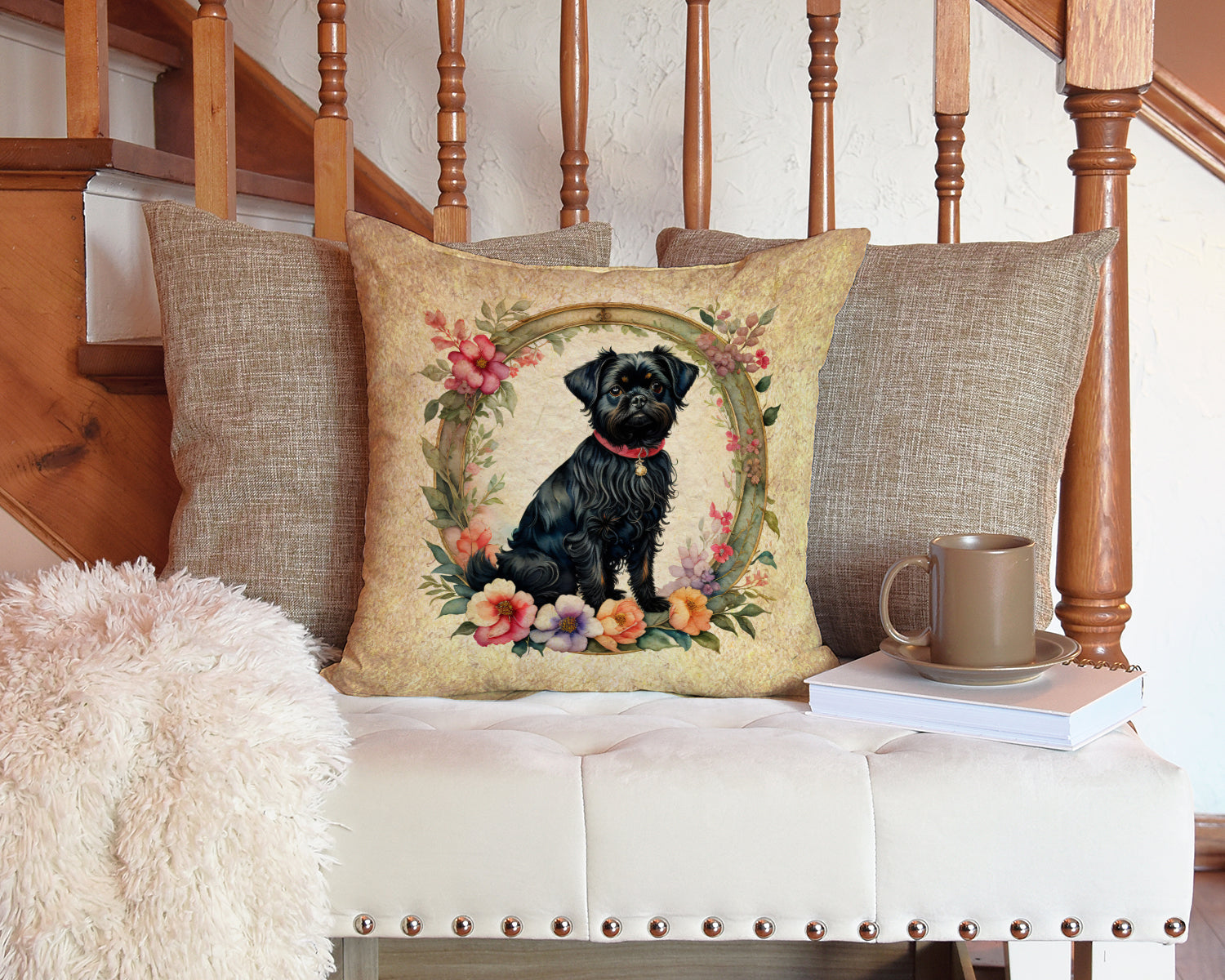 Affenpinscher and Flowers Throw Pillow-4