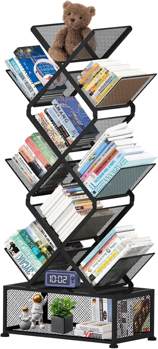 9 Tier Tree Bookshelf,Small Bookcase with Storage Cabinet, Modern Tall Narrow Folding Metal Bookcase，Floor Standing Book Shelf for Bedroom/Living Room/Home Office/Corner,Black-0