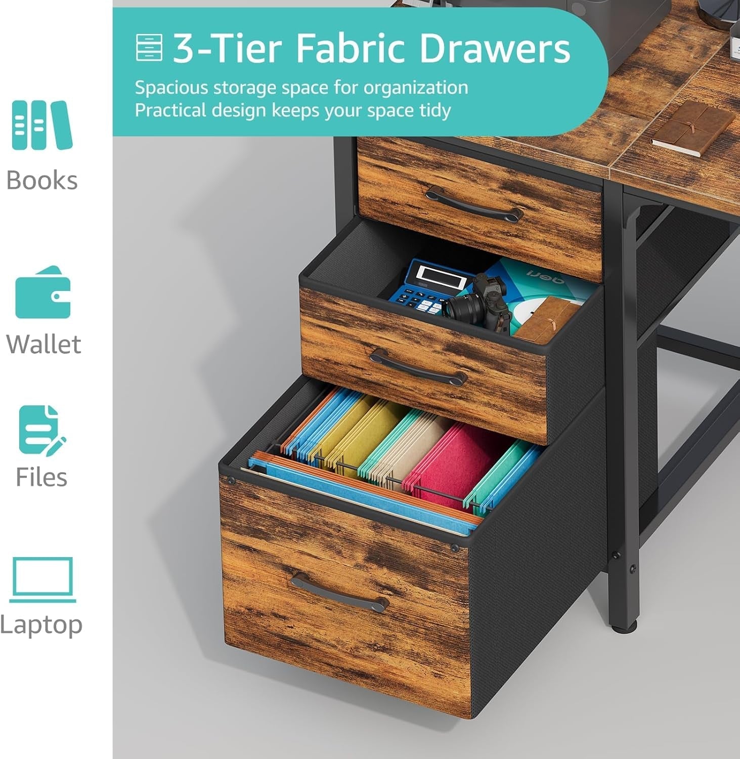 Computer Desk with Fabric File Drawers Cabinet, 47 Inch Home Office Desks with Filing Cabinet for Small Space, Study Writing Table PC Desks, Rustic Brown-4