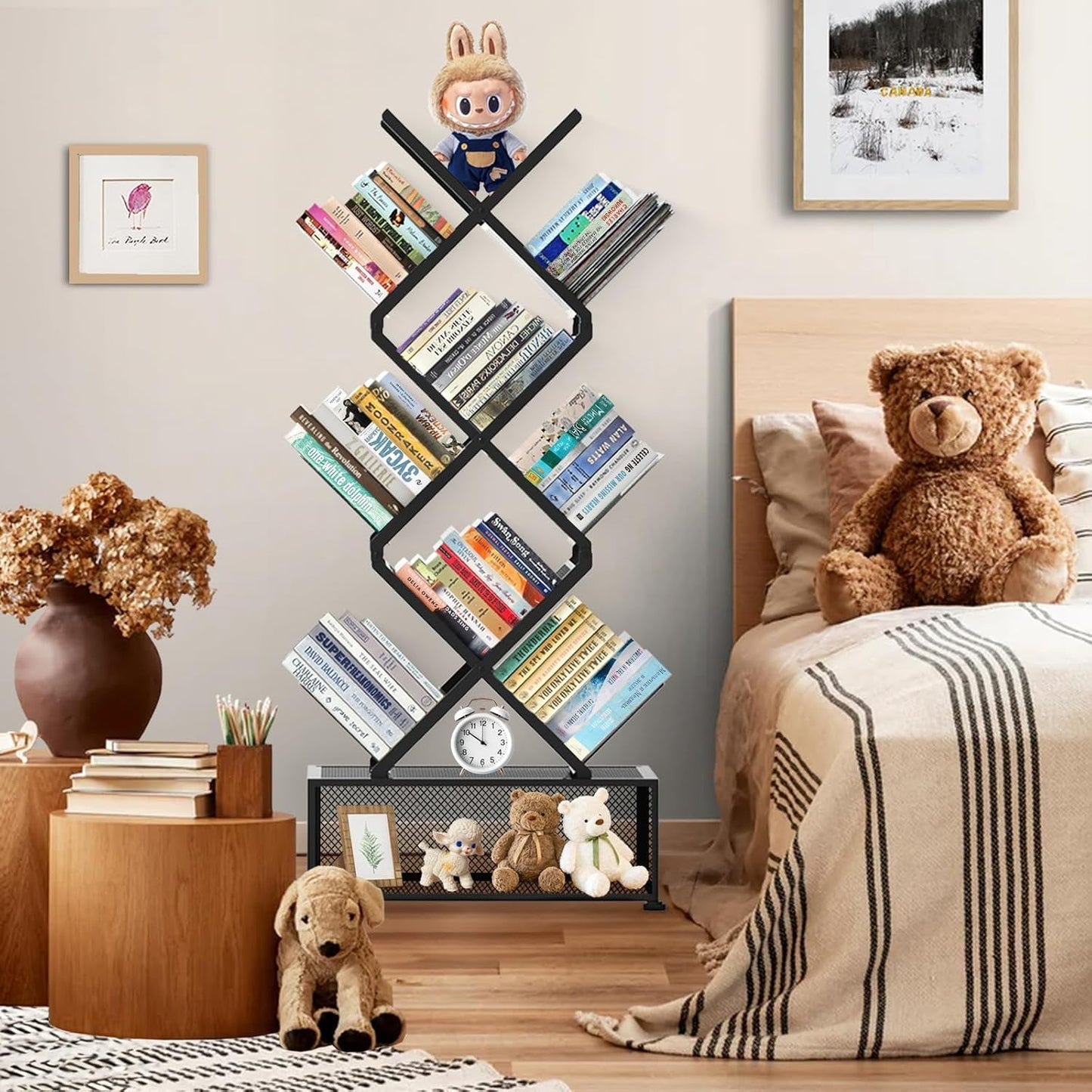 9 Tier Tree Bookshelf,Small Bookcase with Storage Cabinet, Modern Tall Narrow Folding Metal Bookcase，Floor Standing Book Shelf for Bedroom/Living Room/Home Office/Corner,Black-1