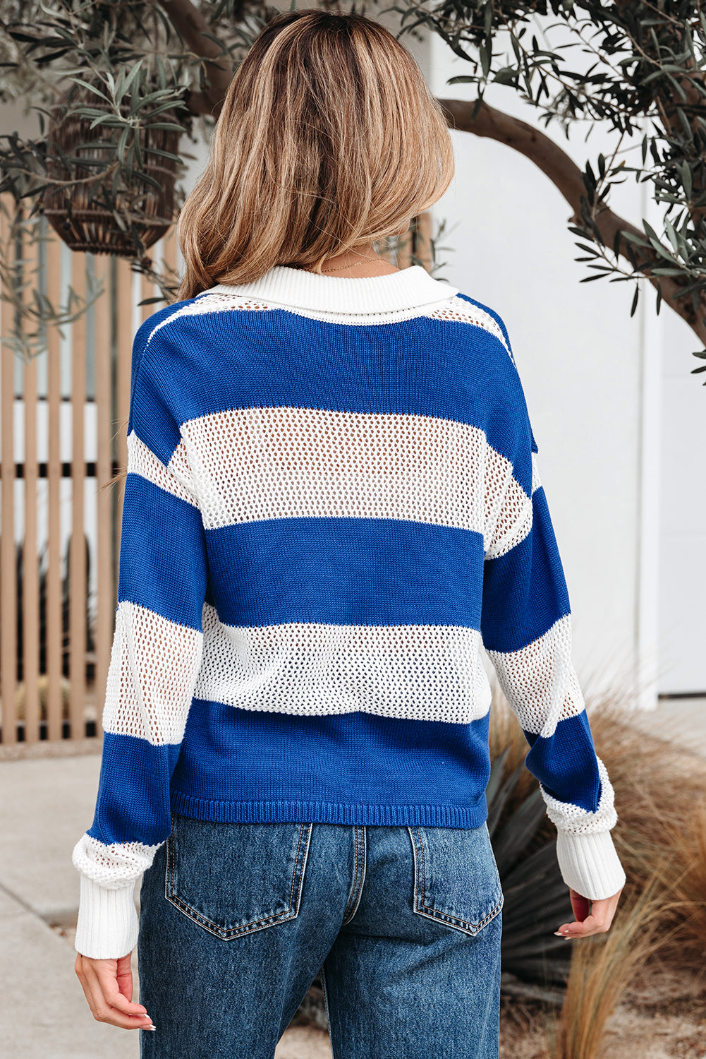 Genevieve Stripe Collar Eyelet Crochet Knitted Sweater-1