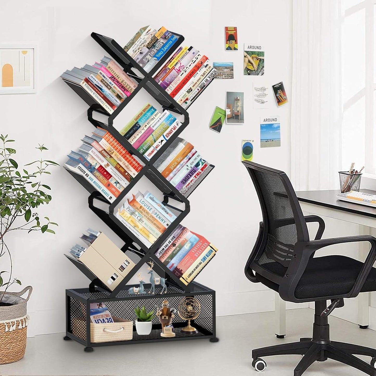 9 Tier Tree Bookshelf,Small Bookcase with Storage Cabinet, Modern Tall Narrow Folding Metal Bookcase，Floor Standing Book Shelf for Bedroom/Living Room/Home Office/Corner,Black-3