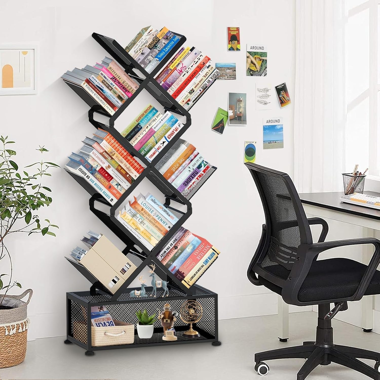 9 Tier Tree Bookshelf,Small Bookcase with Storage Cabinet, Modern Tall Narrow Folding Metal Bookcase，Floor Standing Book Shelf for Bedroom/Living Room/Home Office/Corner,Black-3