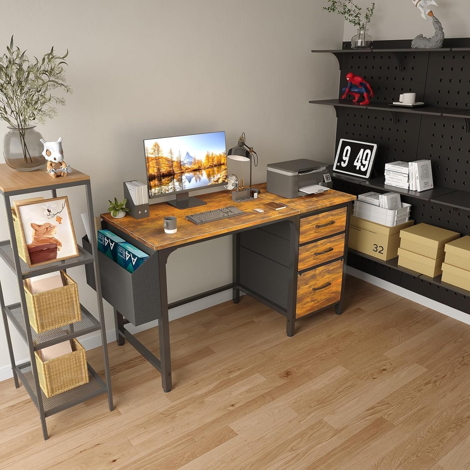Computer Desk with Fabric File Drawers Cabinet, 47 Inch Home Office Desks with Filing Cabinet for Small Space, Study Writing Table PC Desks, Rustic Brown-1