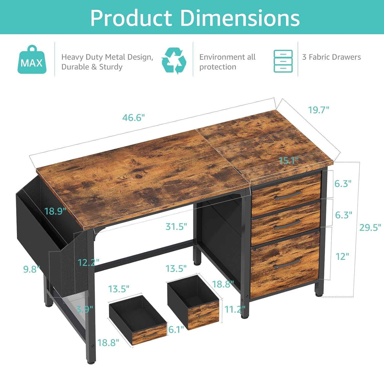 Computer Desk with Fabric File Drawers Cabinet, 47 Inch Home Office Desks with Filing Cabinet for Small Space, Study Writing Table PC Desks, Rustic Brown-2