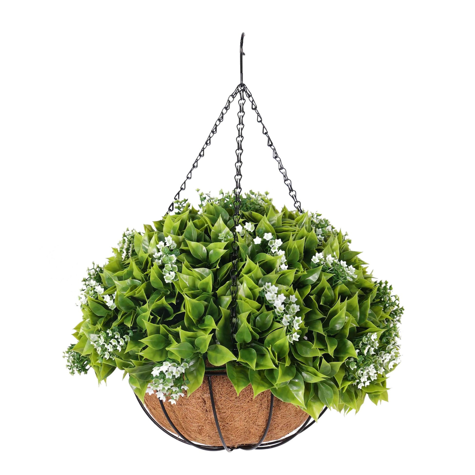 Hanging Artificial Wide Leaf Buxus Flowering Basket 18" UV Resistant-0